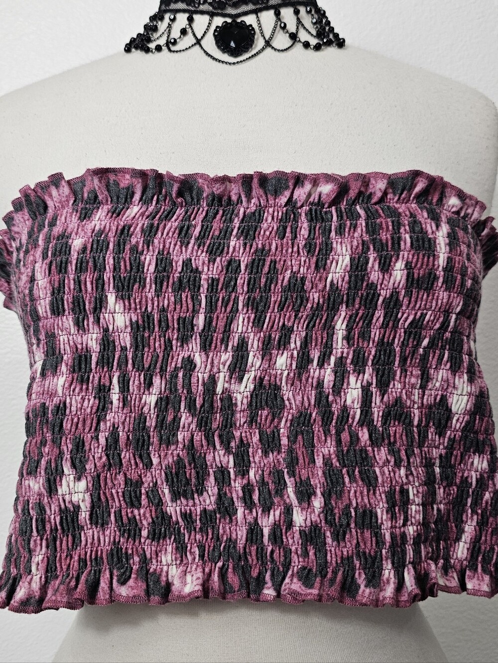Zenana Outfitters Pink and Black Smocked Leopard Tube Top